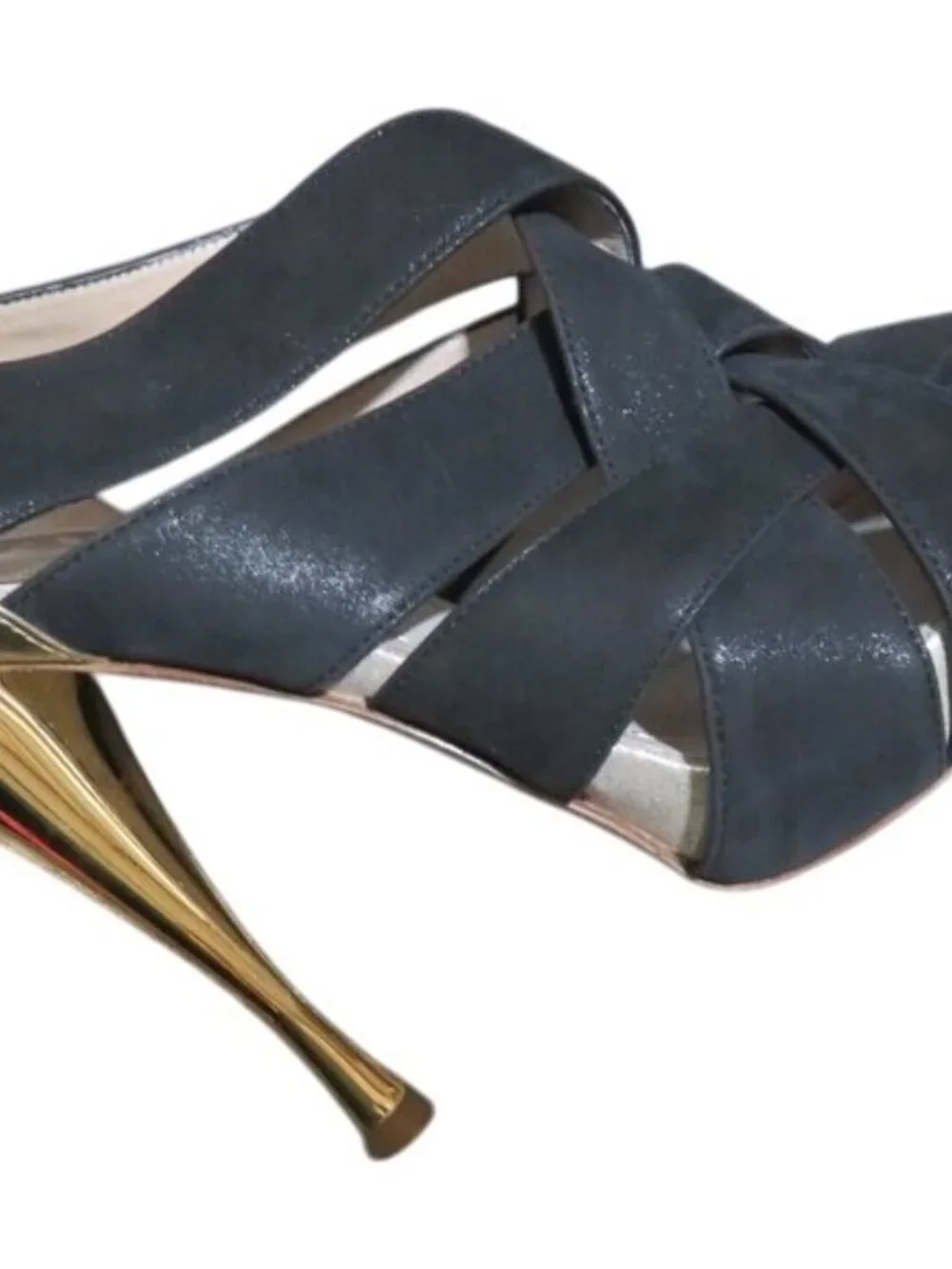 Rene Caovilla  Stunning Black Gold Shimmer Italian Leather luxury peep toe heels